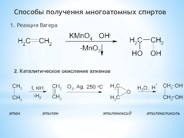 Способы получения многоатомных спиртов 1. Реакция Вагера этан этилен этиленоксид этиленгликоль 2. Каталитическое окисление алкенов