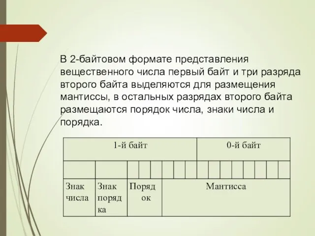 В 2-байтовом формате представления вещественного числа первый байт и три