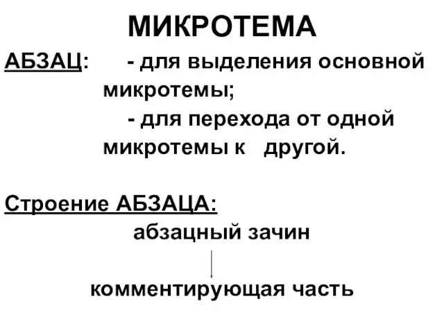 МИКРОТЕМА АБЗАЦ: - для выделения основной микротемы; - для перехода от одной микротемы