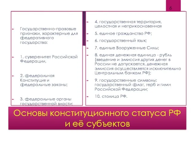 Основы конституционного статуса РФ и её субъектов Государственно-правовые признаки, характерные