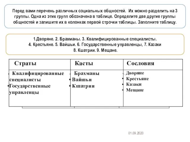 Перед вами перечень различных социальных общностей. Их можно разделить на 3 группы. Одна