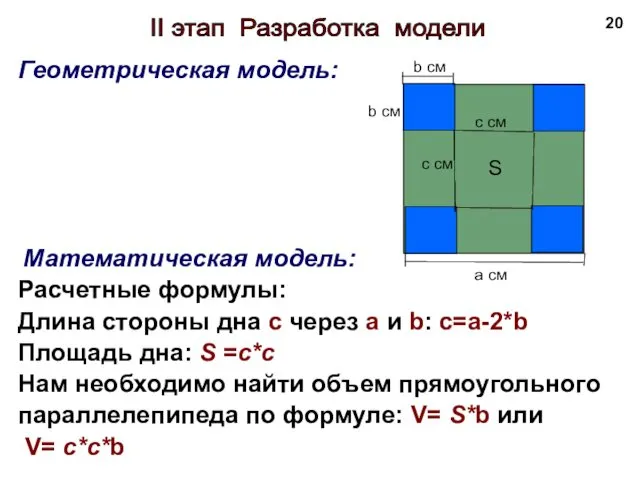 II этап Разработка модели Геометрическая модель: Математическая модель: Расчетные формулы: