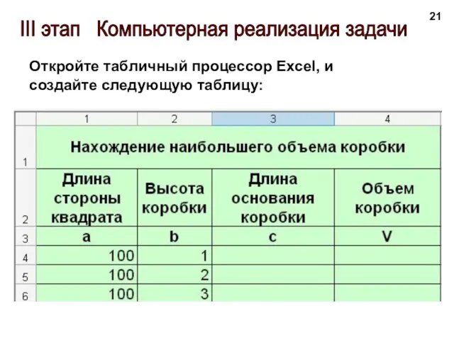 III этап Компьютерная реализация задачи Откройте табличный процессор Excel, и создайте следующую таблицу: