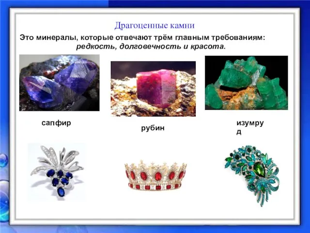 Драгоценные камни сапфир рубин изумруд Это минералы, которые отвечают трём главным требованиям: редкость, долговечность и красота.