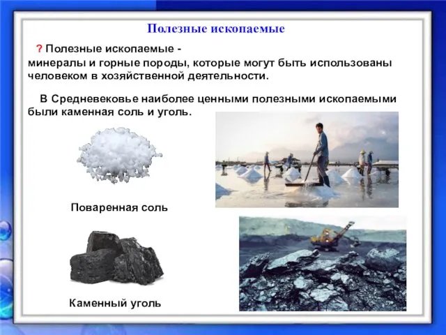 Полезные ископаемые Поваренная соль Каменный уголь ? Полезные ископаемые -