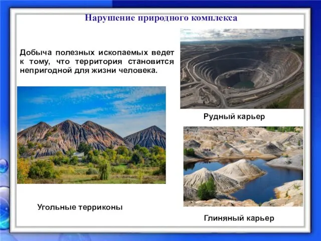 Нарушение природного комплекса Угольные терриконы Глиняный карьер Рудный карьер Добыча