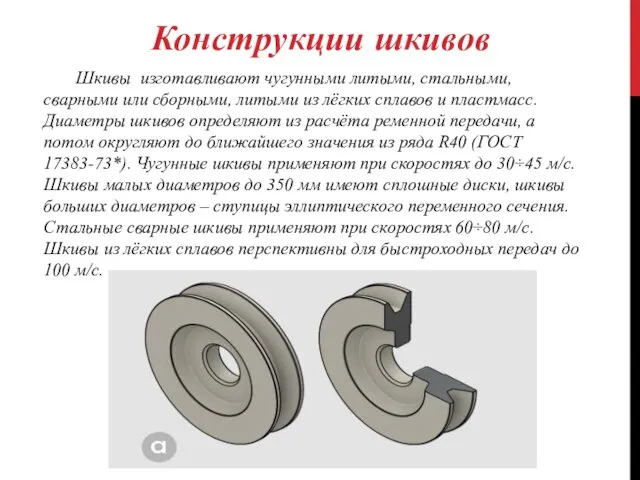 Конструкции шкивов Шкивы изготавливают чугунными литыми, стальными, сварными или сборными,