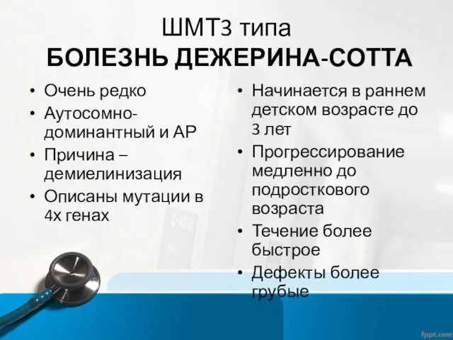 ШМТ3 типа БОЛЕЗНЬ ДЕЖЕРИНА-СОТТА Очень редко Аутосомно-доминантный и АР Причина