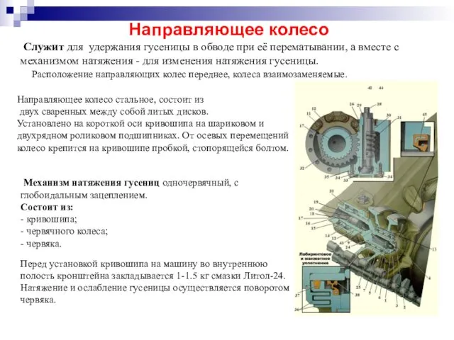 Направляющее колесо Служит для удержания гусеницы в обводе при её