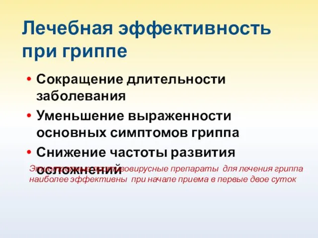 Лечебная эффективность при гриппе Сокращение длительности заболевания Уменьшение выраженности основных