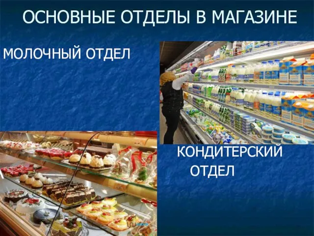 ОСНОВНЫЕ ОТДЕЛЫ В МАГАЗИНЕ МОЛОЧНЫЙ ОТДЕЛ КОНДИТЕРСКИЙ ОТДЕЛ