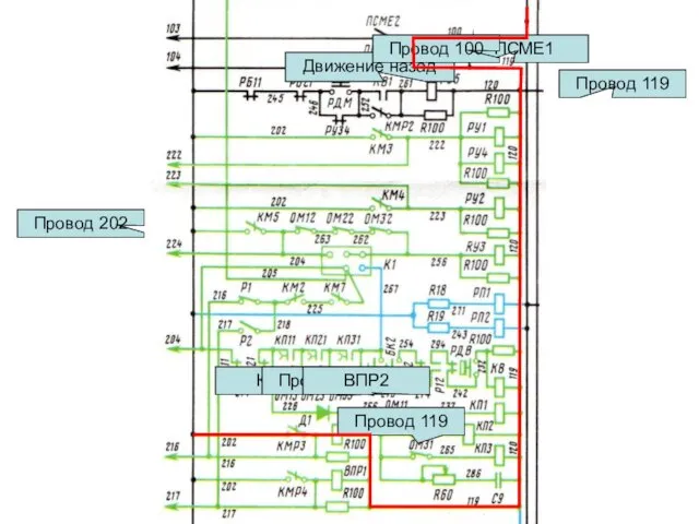 Движение назад Провод 202 КМР3 Провод 216 ВПР2 Провод 119 Провод 119 ПСМЕ1 Провод 100
