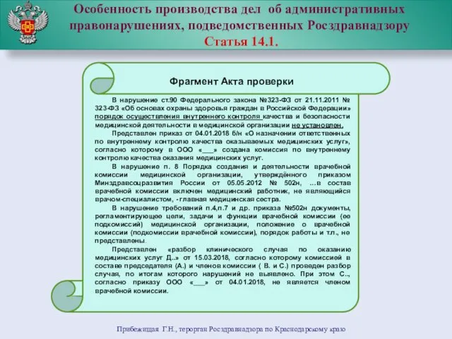 Особенность производства дел об административных правонарушениях, подведомственных Росздравнадзору Статья 14.1.