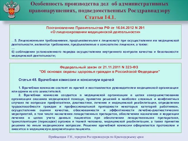 Особенность производства дел об административных правонарушениях, подведомственных Росздравнадзору Статья 14.1.