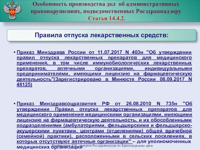 Особенность производства дел об административных правонарушениях, подведомственных Росздравнадзору Статья 14.4.2.