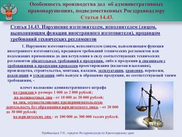 Прибежищая Г.Н., терорган Росздравнадзора по Краснодарскому краю Особенность производства дел