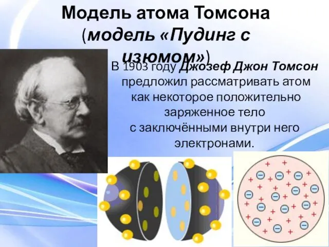 В 1903 году Джозеф Джон Томсон предложил рассматривать атом как