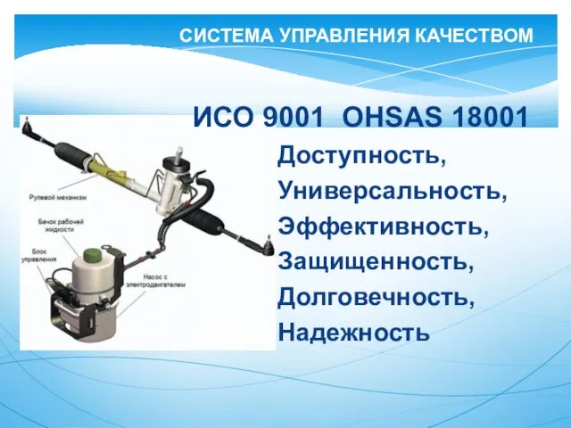 ИСО 9001 OHSAS 18001 Доступность, Универсальность, Эффективность, Защищенность, Долговечность, Надежность СИСТЕМА УПРАВЛЕНИЯ КАЧЕСТВОМ