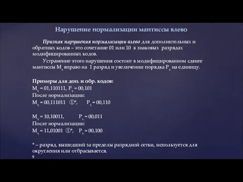 Признак нарушения нормализации влево для дополнительных и обратных кодов –