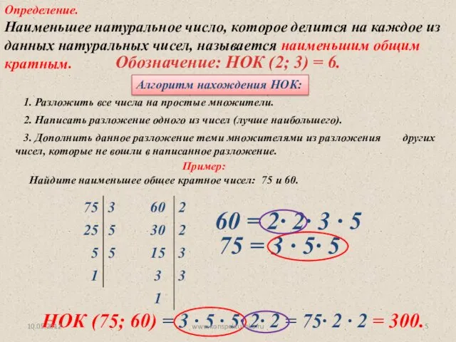 Обозначение: НОК (2; 3) = 6. Алгоритм нахождения НОК: Пример: Найдите наименьшее общее