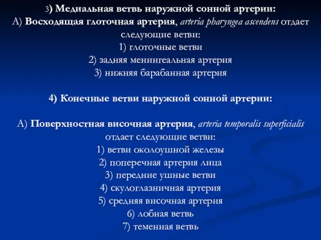 3) Медиальная ветвь наружной сонной артерии: А) Восходящая глоточная артерия,