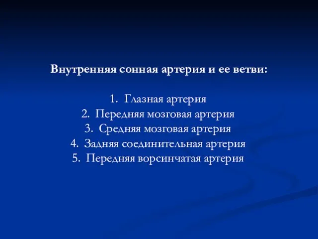 Внутренняя сонная артерия и ее ветви: Глазная артерия Передняя мозговая