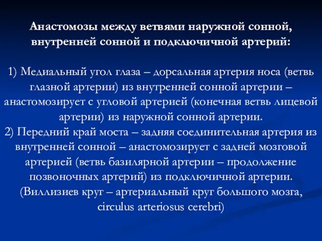 Анастомозы между ветвями наружной сонной, внутренней сонной и подключичной артерий: