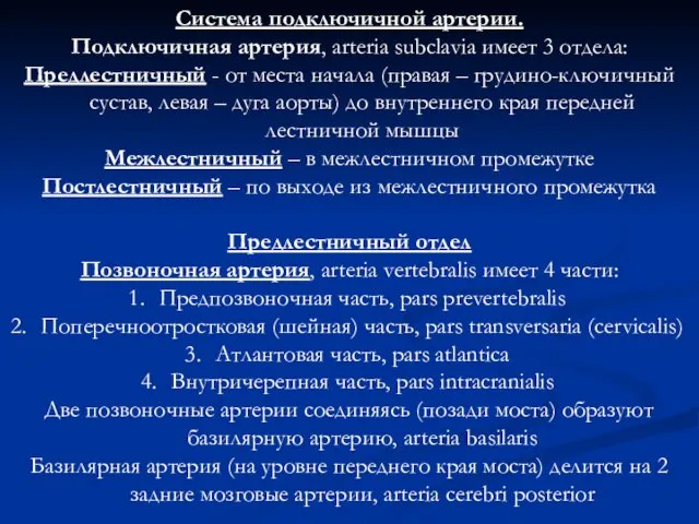 Система подключичной артерии. Подключичная артерия, arteria subclavia имеет 3 отдела: