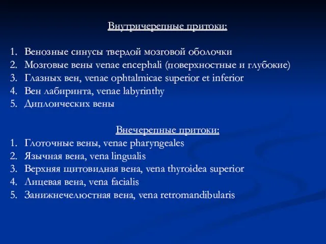 Внутричерепные притоки: Венозные синусы твердой мозговой оболочки Мозговые вены venae