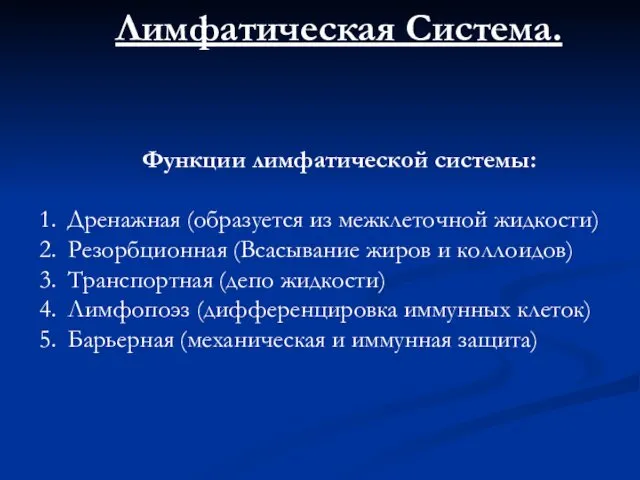 Лимфатическая Система. Функции лимфатической системы: Дренажная (образуется из межклеточной жидкости)