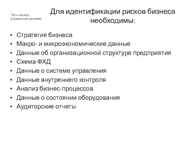 Для идентификации рисков бизнеса необходимы: Стратегия бизнеса Макро- и микроэкономические