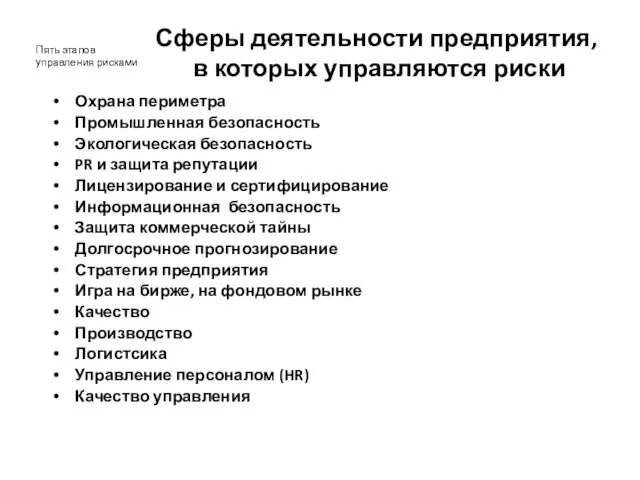 Сферы деятельности предприятия, в которых управляются риски Пять этапов управления