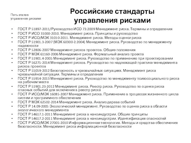 Российские стандарты управления рисками ГОСТ Р 51897-2011/Руководство ИСО 73:2009 Менеджмент