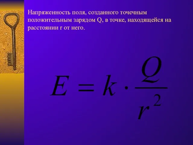 Напряженность поля, созданного точечным положительным зарядом Q, в точке, находящейся на расстоянии r от него.