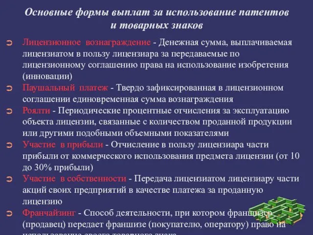 Основные формы выплат за использование патентов и товарных знаков Лицензионное вознаграждение - Денежная