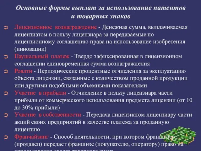 Основные формы выплат за использование патентов и товарных знаков Лицензионное