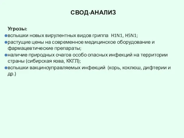 СВОД-АНАЛИЗ Угрозы: вспышки новых вирулентных видов гриппа H1N1, H5N1; растущие