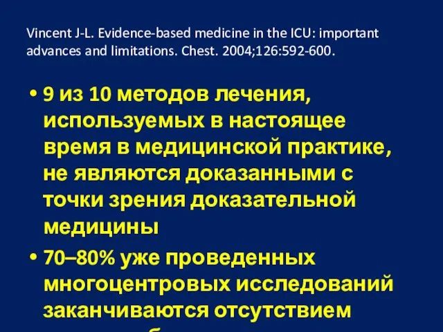 Vincent J-L. Evidence-based medicine in the ICU: important advances and limitations. Chest. 2004;126:592-600.