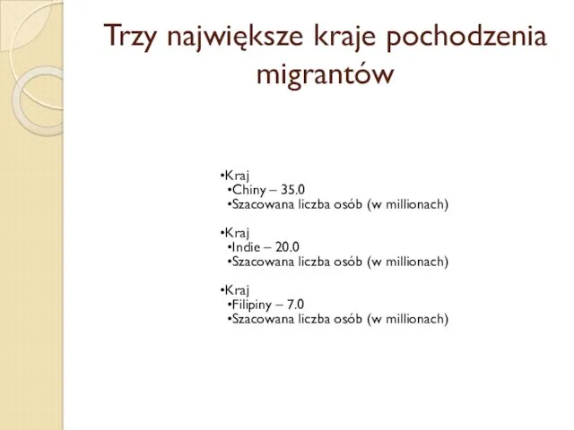 Trzy największe kraje pochodzenia migrantów Kraj Chiny – 35.0 Szacowana