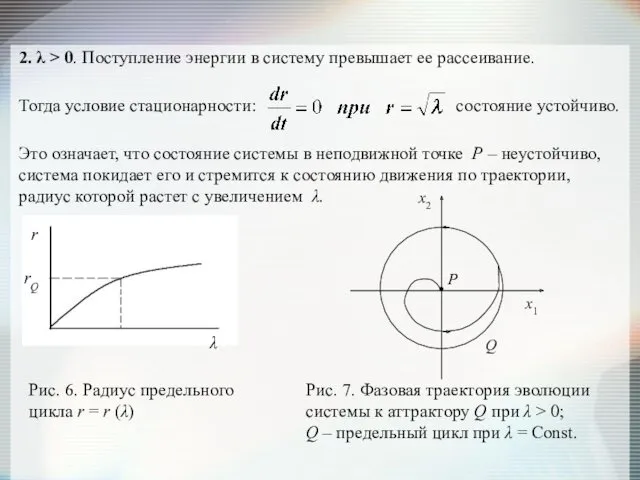 2. λ > 0. Поступление энергии в систему превышает ее рассеивание. Тогда условие