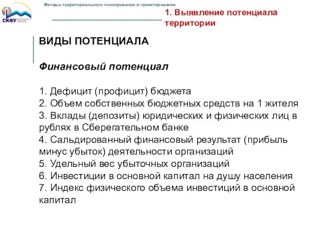 1. Выявление потенциала территории ВИДЫ ПОТЕНЦИАЛА Финансовый потенциал 1. Дефицит