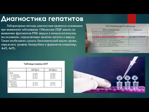 Диагностика гепатитов Лабораторные методы диагностики являются основными при выявлении заболевания. Обязателен ПЦР-анализ на