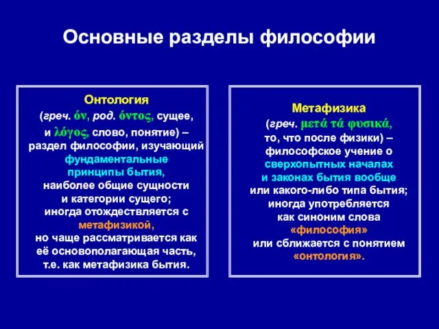 Основные разделы философии Онтология (греч. όν, род. όντος, сущее, и λόγος, слово, понятие)