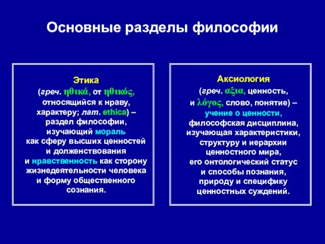 Основные разделы философии Этика (греч. ηθικά, от ηθικός, относящийся к