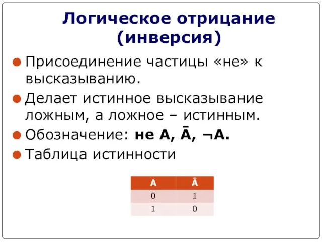 Логическое отрицание (инверсия) Присоединение частицы «не» к высказыванию. Делает истинное