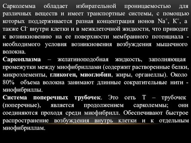 Сарколемма обладает избирательной проницаемостью для различных веществ и имеет транспортные