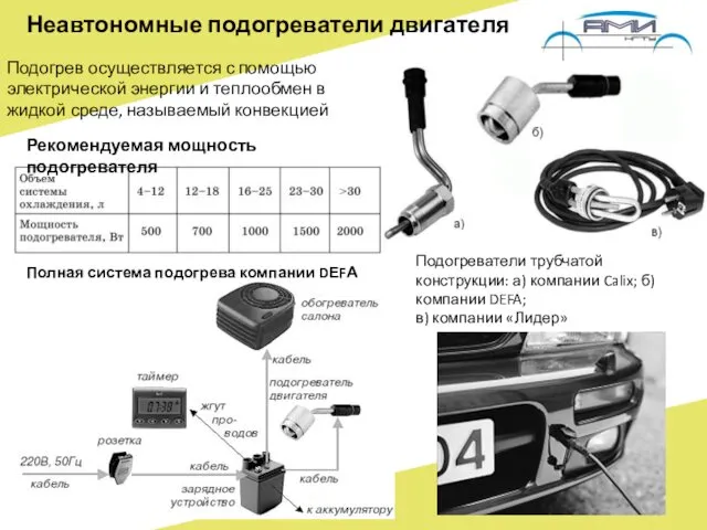 Неавтономные подогреватели двигателя Подогрев осуществляется с помощью электрической энергии и