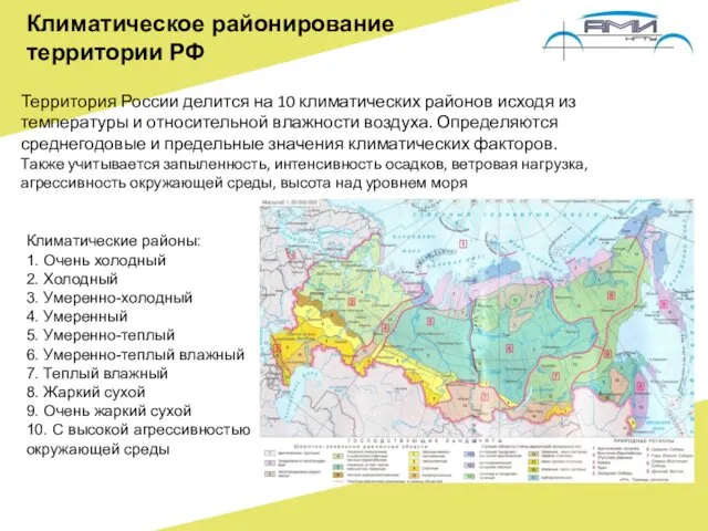 Климатическое районирование территории РФ Территория России делится на 10 климатических