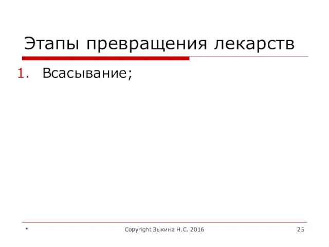 Этапы превращения лекарств Всасывание; * Copyright Зыкина Н.С. 2016