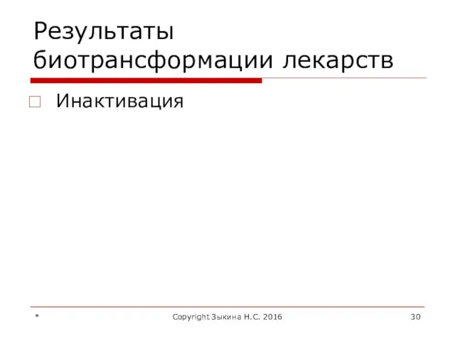 Результаты биотрансформации лекарств Инактивация * Copyright Зыкина Н.С. 2016